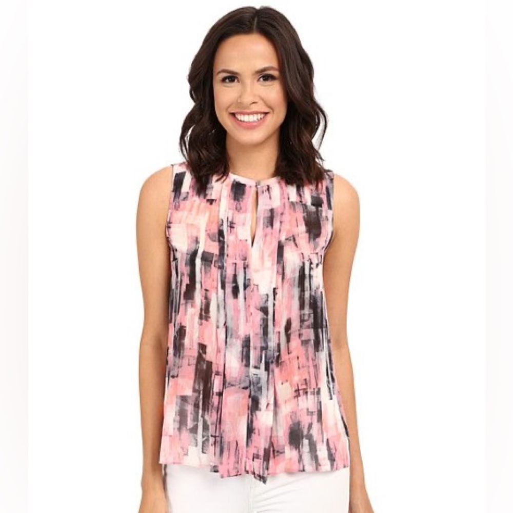 Ellen Tracy Pink and Black Pleat Front Printed Sleeveless Keyhole Blouse Size PM